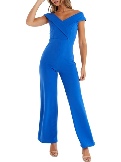 Shop Quiz Womens Faux Wrap Off The Shoulder Jumpsuit In Blue