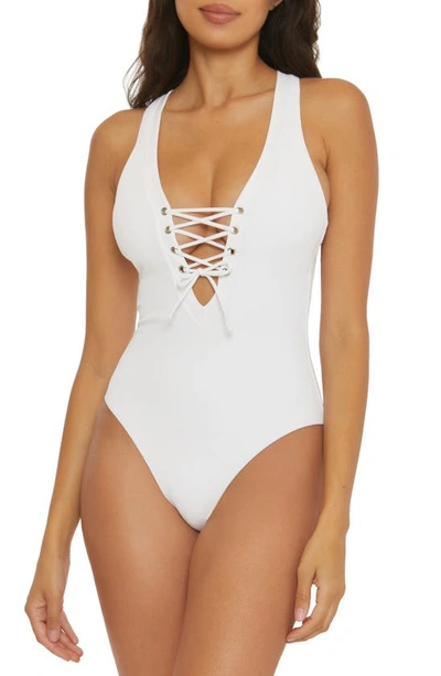 Shop Becca Modern Edge Ribbed Lace-up Plunge One-piece Swimsuit In White