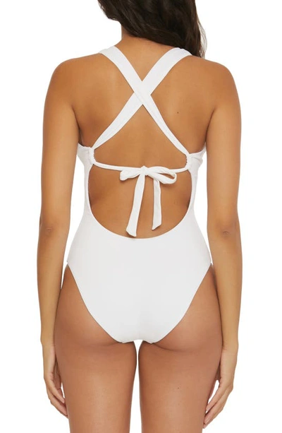 Shop Becca Modern Edge Ribbed Lace-up Plunge One-piece Swimsuit In White