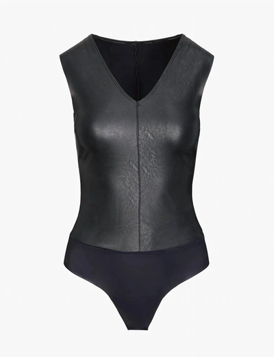 Shop Commando Faux Leather Deep V Bodysuit In Black