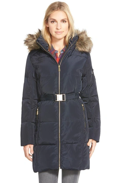 Shop Michael Michael Kors Faux Fur Trim Belted Down & Feather Fill Parka In Navy