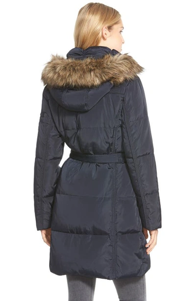 Shop Michael Michael Kors Faux Fur Trim Belted Down & Feather Fill Parka In Navy