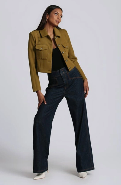 Shop Avec Les Filles Crop Stretch Ponte Knit Military Jacket In Olive