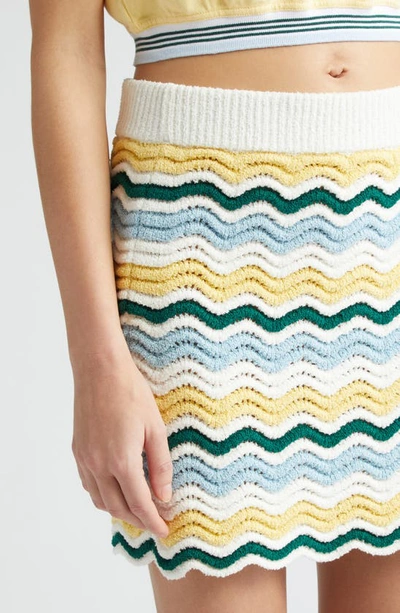 Shop Casablanca Bouclé Wave Colorblock Crochet Cotton Blend Miniskirt In Yellow / Blue