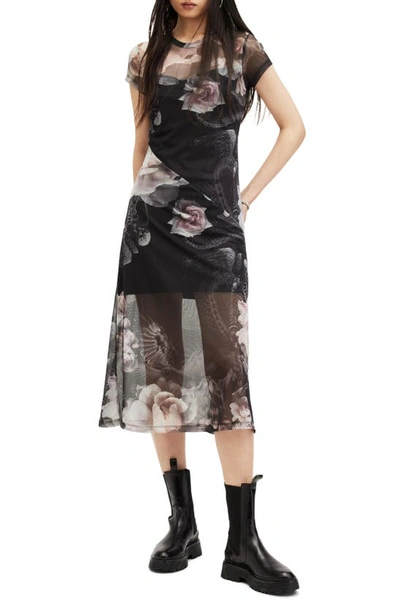 Shop Allsaints Hanna Valley Floral Mesh Midi Dress In Black Mono