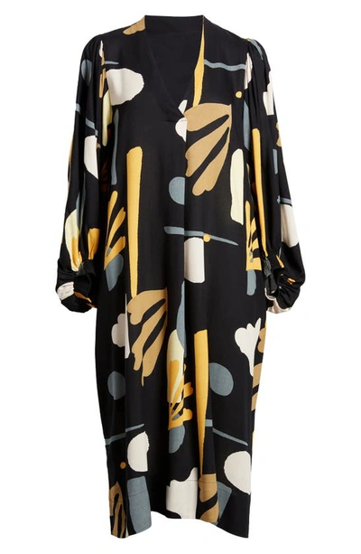 Shop Masai Copenhagen Nalo Abstract Print Long Sleeve Dress In Butterscotch