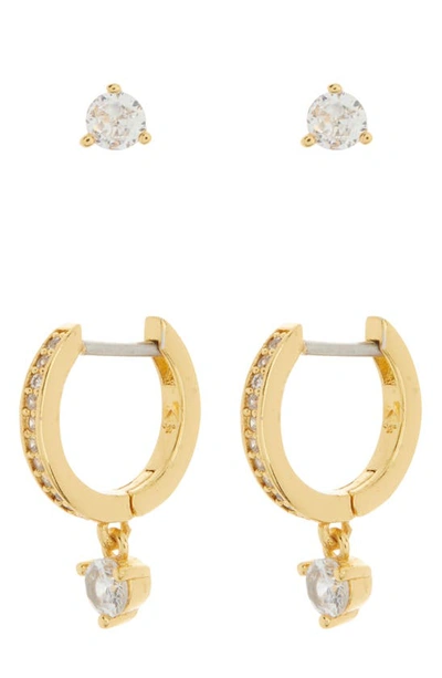 Shop Kate Spade Crystal Stud & Huggie Earrings Set In Clear Gold
