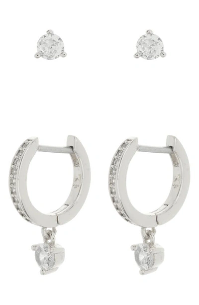 Shop Kate Spade Crystal Stud & Huggie Earrings Set In Clear Silver