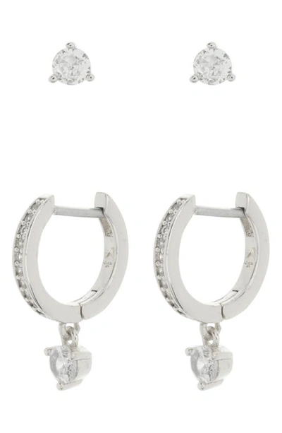 Kate Spade New York Crystal Stud & Huggie Earrings Set In Clear Silver