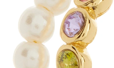 Shop Kate Spade Imitation Pearl & Colorful Crystal Double Row Hoop Earrings In Cream Multi/ Gold