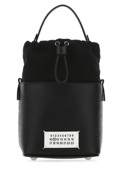 Maison Margiela Woman Black Leather And Canvas Mini 5ac Bucket Bag In Black