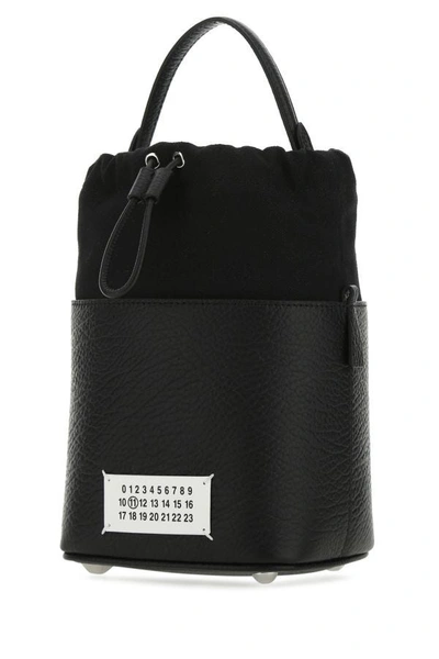 Maison Margiela Woman Black Leather And Canvas Mini 5ac Bucket Bag In Black