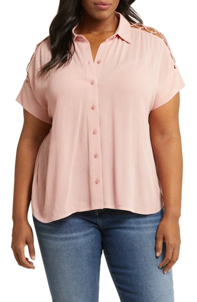 Shop Dr2 By Daniel Rainn Lace-up Sleeve Button-up Shirt In Petal Pink