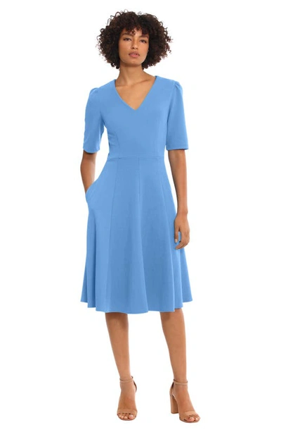 Shop Donna Morgan V-neck Fit & Flare Dress In Blue Bonnet