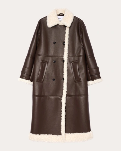 Stand Studio Hayley Faux Leather And Shearling Coat In Dark Brown/off White