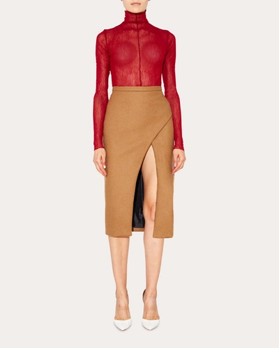 Shop Laquan Smith Women's Open-slit Wool Pencil Skirt In Brown