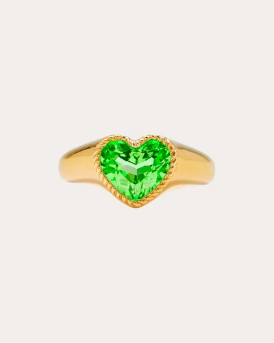 Shop Yvonne Léon Women's Green Crystal Heart Mini Signet Ring 9k Gold