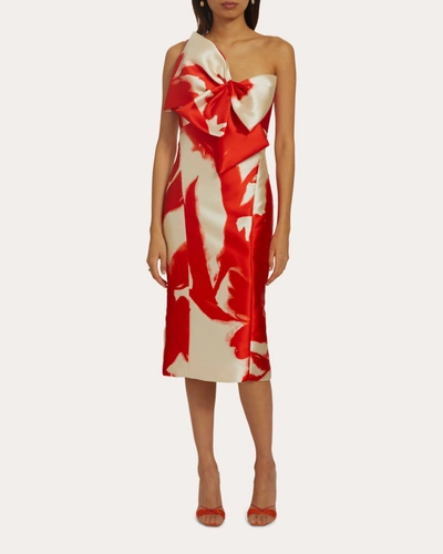 Shop Amsale Women's Printed Mikado Oversized Bow Tea Dress In Red/ivory