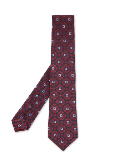 Shop Kiton Dark Blue Tie With Majolica Pattern In Red