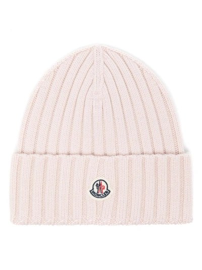 Shop Moncler Light Ribbed Wool Beanie With Logo In Pink