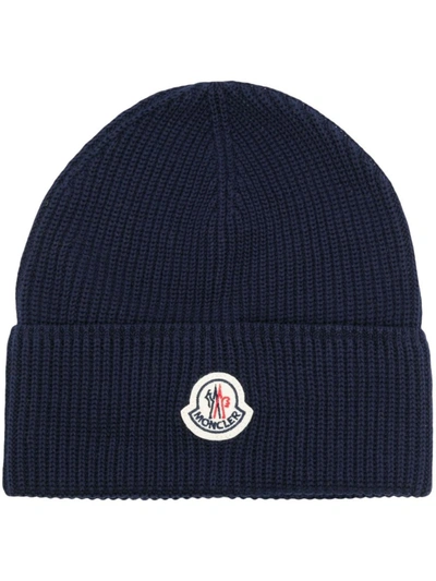 Shop Moncler Navy Cotton Beanie With Logo In Blue