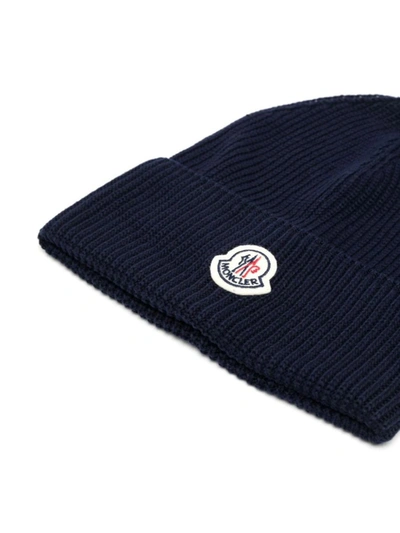 Shop Moncler Navy Cotton Beanie With Logo In Blue