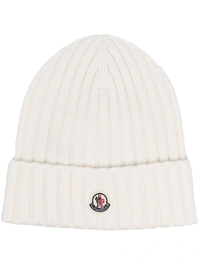Shop Moncler Ribbed Wool Beanie With Logo In White