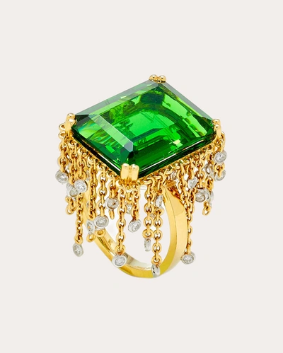 Shop Yvonne Léon Women's Green Crystal Cha Cha Cha Cushion Fringe Ring 18k Gold