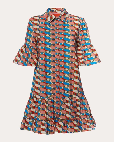 La Doublej Women's Choux Tiered Printed Cotton-poplin Mini Dress In Third Eye Turchese
