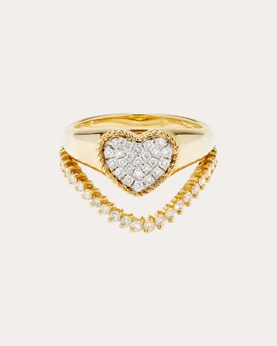 Shop Yvonne Léon Women's Diamond Heart Mini Signet & Wave Ring Set In Gold