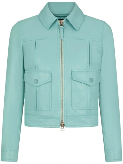 Shop Tom Ford Cropped Leather Jacket In Blue