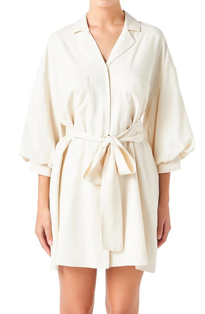 Endless Rose Tie Waist Mini Shirtdress In Beige