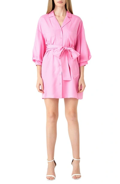 Endless Rose Tie Waist Mini Shirtdress In Pink