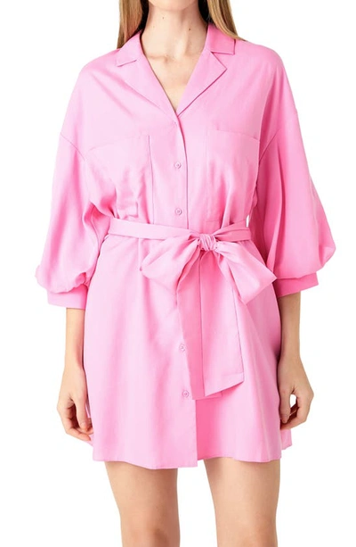 Endless Rose Tie Waist Mini Shirtdress In Pink