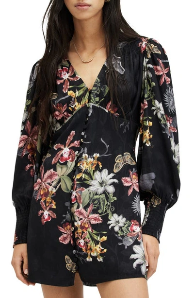 Shop Allsaints Auden Sanibel Floral & Floral Jacquard Long Sleeve Dress In Black