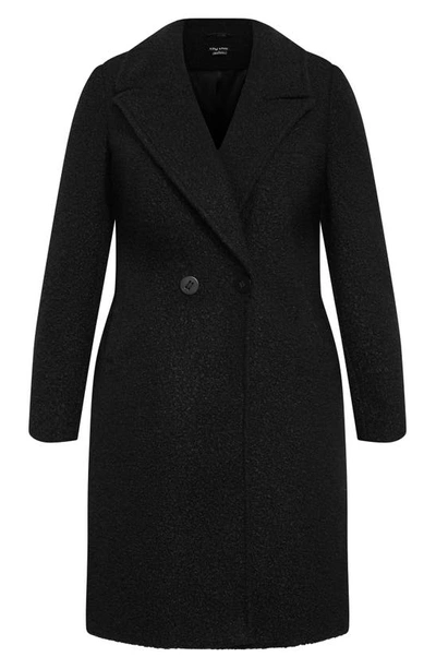 Shop City Chic Daniella Double Breasted Bouclé Coat In Black
