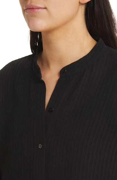 Shop Eileen Fisher Rib Band Collar Silk Button-up Shirt In Black