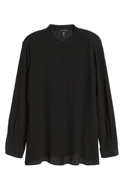 Shop Eileen Fisher Rib Band Collar Silk Button-up Shirt In Black