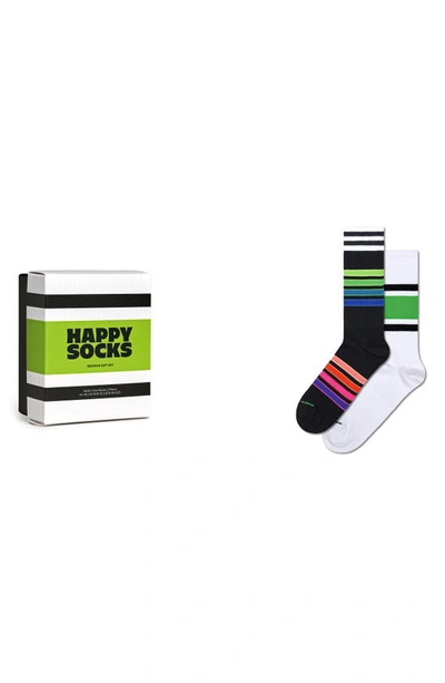 Happy Socks Assorted 2-pack Stripe Sneaker Crew Socks Gift Box In Black