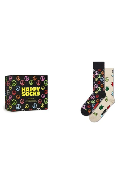 Happy Socks Assorted 2-pack Peace Crew Socks Gift Box In Black