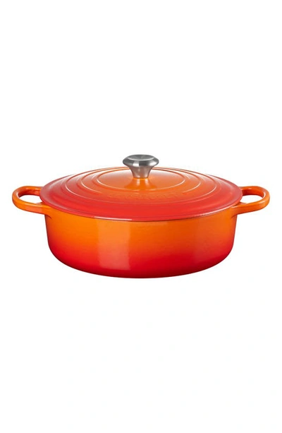 Le Creuset Volcanic Signature Round Cast-iron Casserole Dish In Flame
