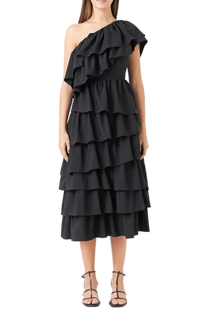 Shop Endless Rose Ruffle One-shoulder Tiered Ruffle Midi Dress In Black