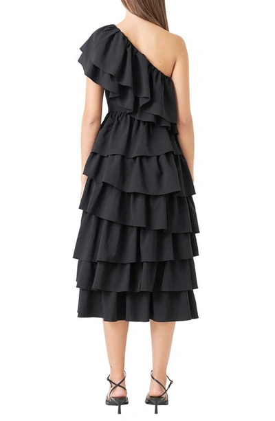 Endless Rose Ruffle One-shoulder Tiered Ruffle Midi Dress In Black