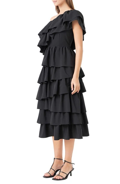 Endless Rose Ruffle One-shoulder Tiered Ruffle Midi Dress In Black