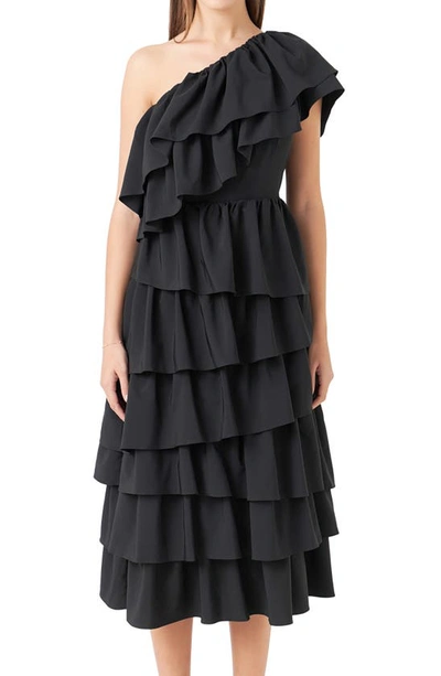 Shop Endless Rose Ruffle One-shoulder Tiered Ruffle Midi Dress In Black