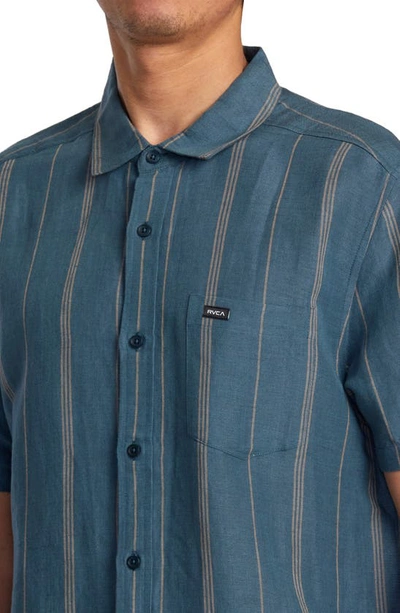 Shop Rvca Mercy Stripe Short Sleeve Linen Blend Button-up Shirt In Duck Blue