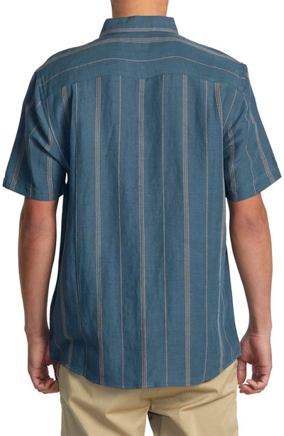 Shop Rvca Mercy Stripe Short Sleeve Linen Blend Button-up Shirt In Duck Blue