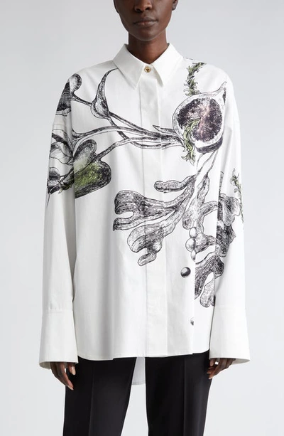 Shop Jason Wu Collection Oceanscape Print Silk Button-up Shirt In Cream/ Deep Olive