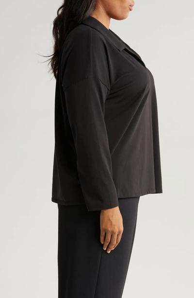 Shop Eileen Fisher Boxy Johnny Collar Stretch Organic Cotton Top In Black