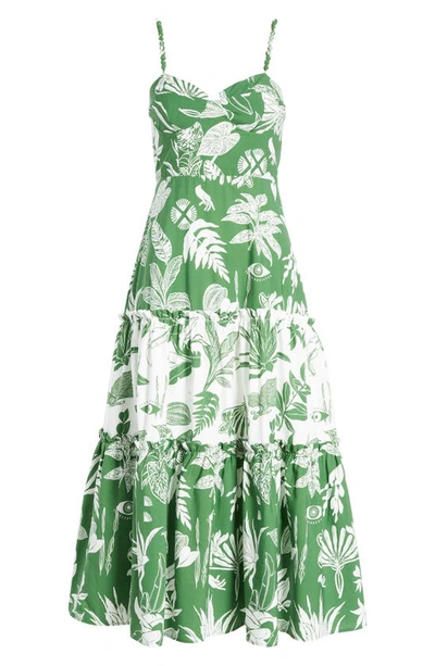 Shop Farm Rio Forest Soul Sleeveless Tiered Ruffle Midi Dress In Forest Soul Off-white/green